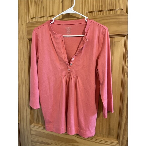 LL Bean Top Women's Medium Pink Henley Pleated Bib Front Supima 3/4 Sleeve - Picture 1 of 5